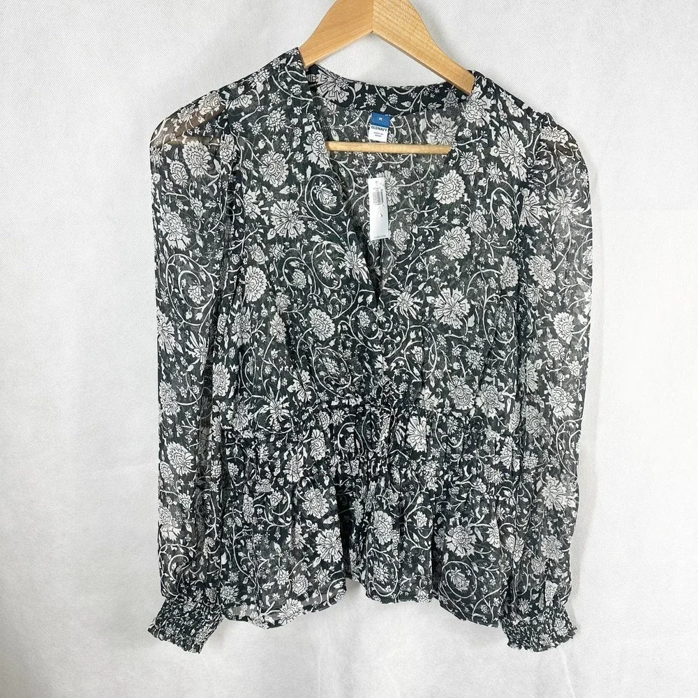 Old Navy Dark Floral Puff Long Sleeve Blouse  Size Medium Black White